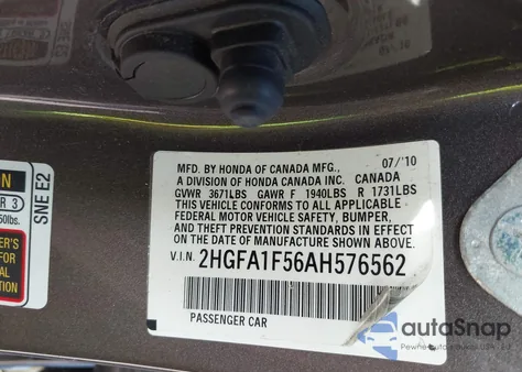 2010 Honda Civic Sdn Lx из США, поврежденный, VIN 2HGFA1F56AH576562